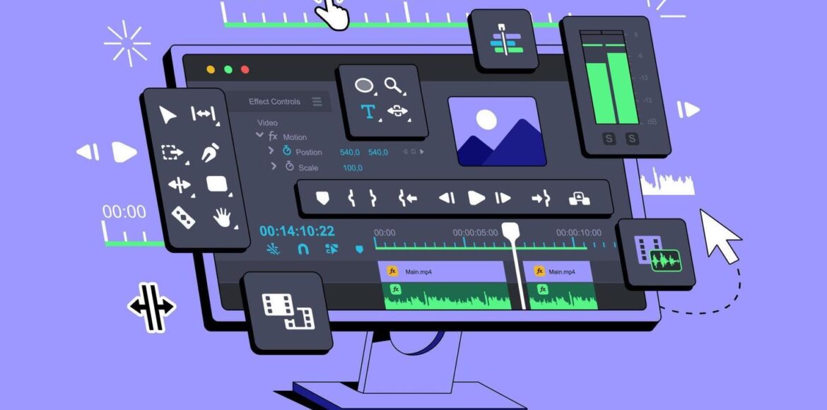 the-video-editor-program-is-displayed-on-the-computer-the-display-shows-the-application-for-editing-video-clips-film-footage-montage-clip-editing-software-interface-creating-visual-effects-vfx-vector